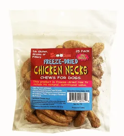 25 Pack Freeze Dried Chicken Necks in zip lock bag with UPC