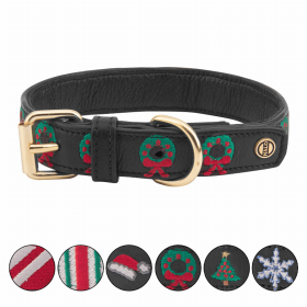 Halo Dog Collar (Color: Leather with Christmas Wreath Embroidery, size: M)