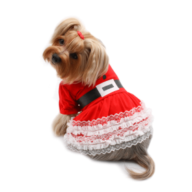 Lace Ruffles Puffy Sleeves Christmas Dress (Color: Red, size: XL)