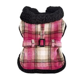 Sherpa-Lined Dog Harness Coat - Hot Pink & Tan Plaid (size: 2X-Large)
