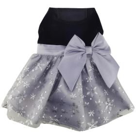 Holiday Dog Harness Dress - Black Velvet with Gray Snowflake Skirt (size: large)