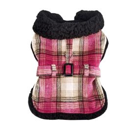 Sherpa-Lined Dog Harness Coat - Hot Pink & Tan Plaid (size: large)